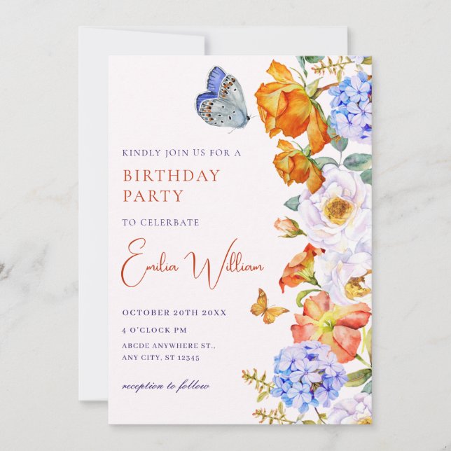 Invitation Flower spring jardin papillon anniversaire (Devant)