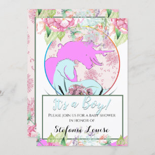 Invitation Flower Unicorn Pink C'est un garçon ! (fleurs &dan