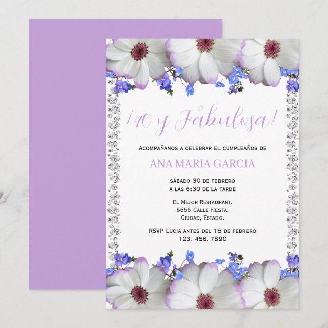 Invitation Flowers & Diamonds 40th Birthday Spanish (Devant / Derrière)