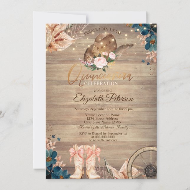 Invitation Flowers Lights Cowgirl Hat Boots Wood Quinceañera  (Devant)