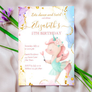 Invitation Fluffy arc-en-ciel unicorne ballerine fête d'anniv