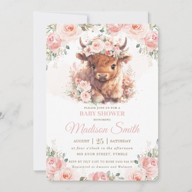 Invitation Fluffy Highland Cow Rose Blush Floral Baby shower (Devant)