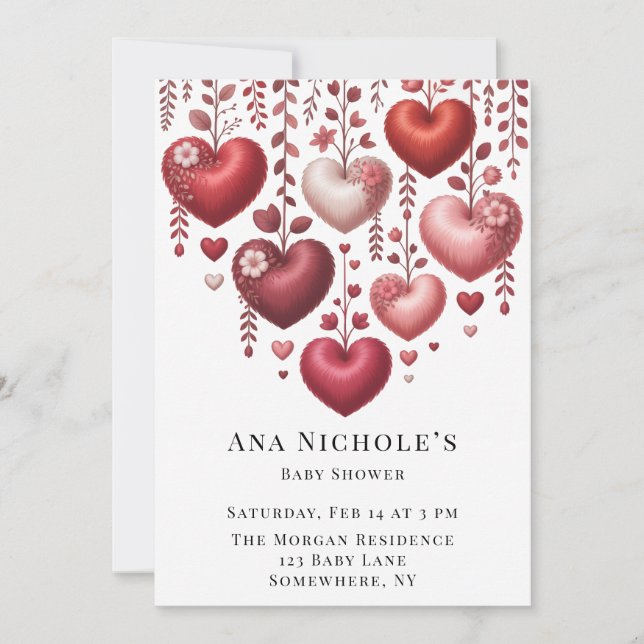 Invitation Fluffy Red Floral Heart Baby Shower (Devant)