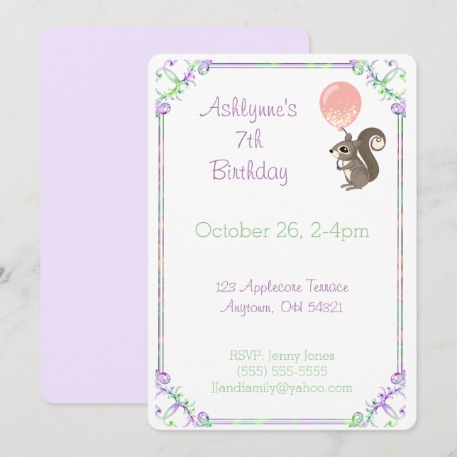 Invitation Fluffy Squirrel with Pink Balloon Birthday Custom (Devant / Derrière)
