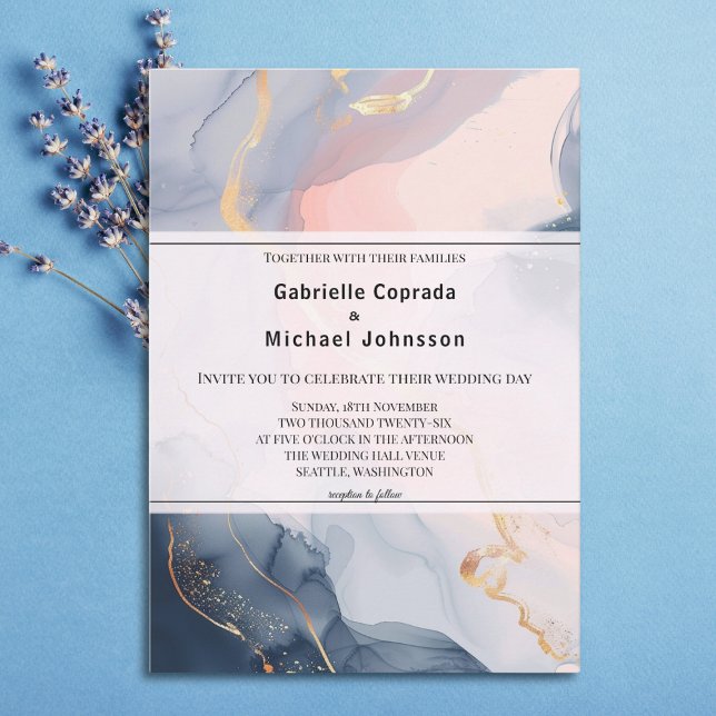 Invitation Fluid Agate Blush Rose Gris Art Aquarelle Mariage (Créateur téléchargé)