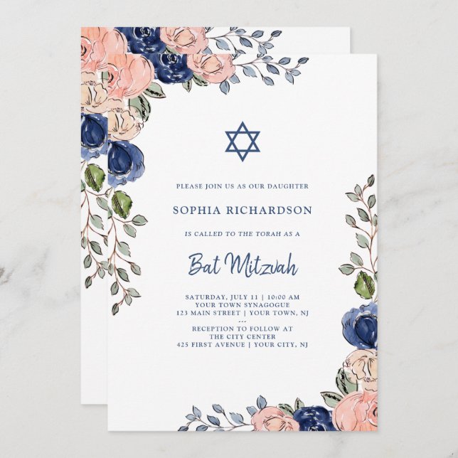 Invitation Flush et Navy Fleurs à main | Bat mitzvah (Devant / Derrière)