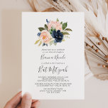 Invitation Flush et Navy Flowers | Bat mitzvah blanc<br><div class="desc">Cette invitation à la Bat mitzvah blanche,  aux fleurs rousses et marines est parfaite pour un bat mitzvah à fleurs. Le design classique et élégant présente une aquarelle moderne bleu marine et des fleurs roses rousses.</div>
