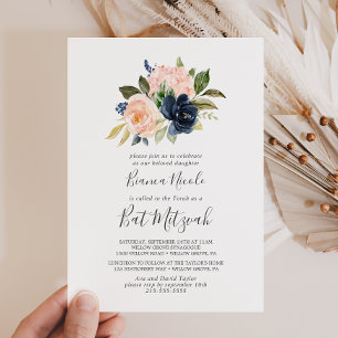 Invitation Flush et Navy Flowers   Bat mitzvah blanc