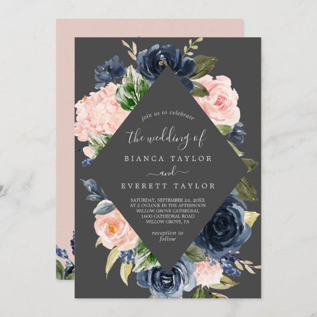 Invitation Flush et Navy Flowers | Gris tout en un Mariage (Devant / Derrière)