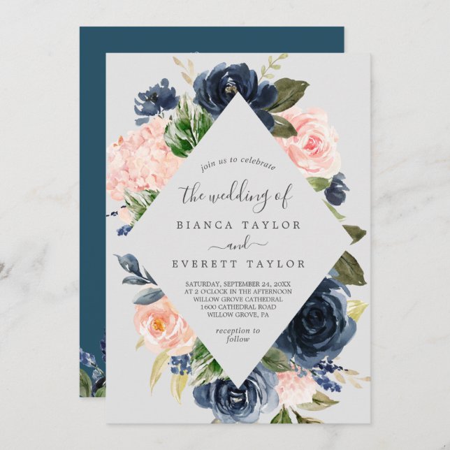 Invitation Flush et Navy Flowers | Gris tout en un Mariage (Devant / Derrière)