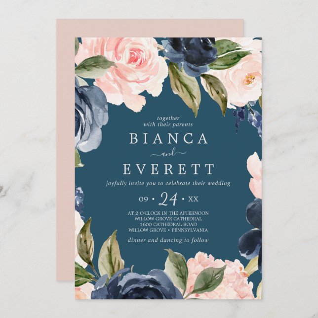Invitation Flush et Navy Flowers | Mariage Décontracté bleu (Devant / Derrière)