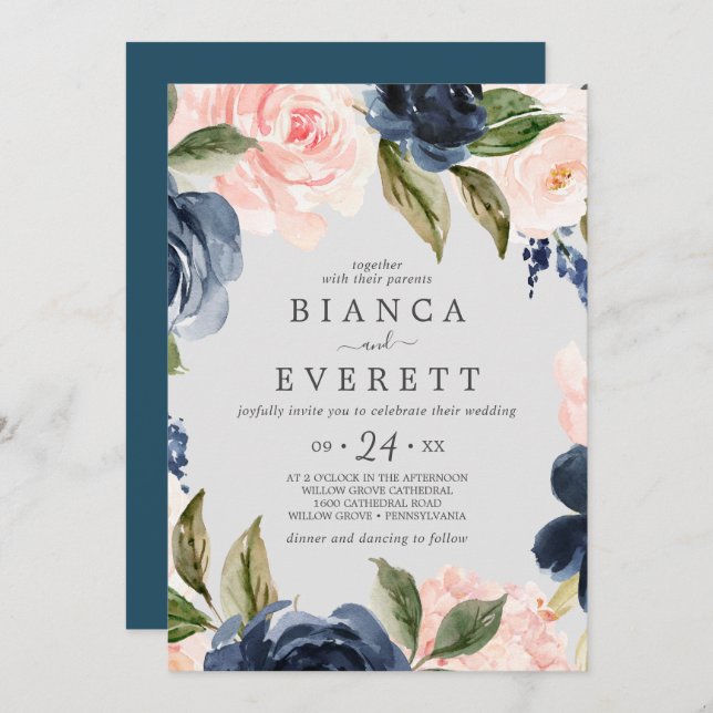 Invitation Flush et Navy Flowers | Mariage Décontracté gris c (Devant / Derrière)