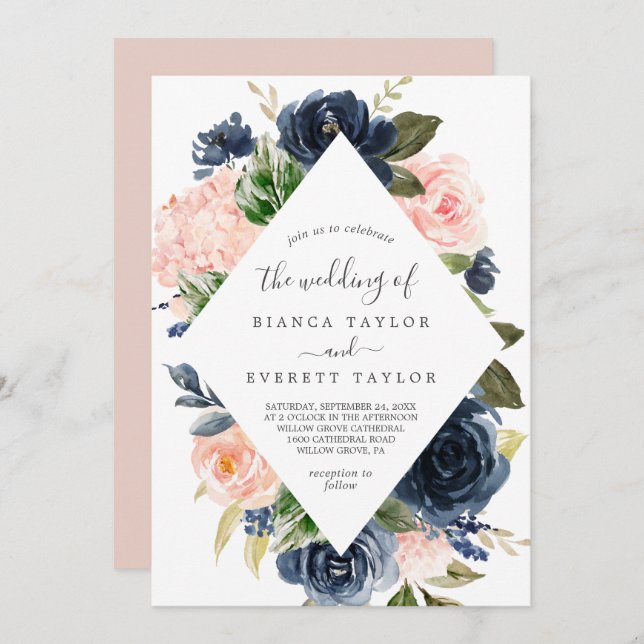 Invitation Flush et Navy Flowers | Mariage Diamant blanc (Devant / Derrière)