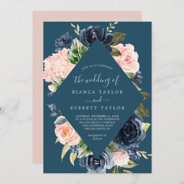 Invitation Flush et Navy Flowers | Mariage Diamant Bleu (Devant / Derrière)