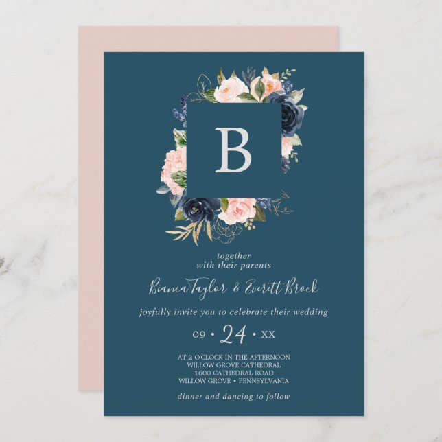 Invitation Flush et Navy Flowers | Mariage Monogramme bleu (Devant / Derrière)