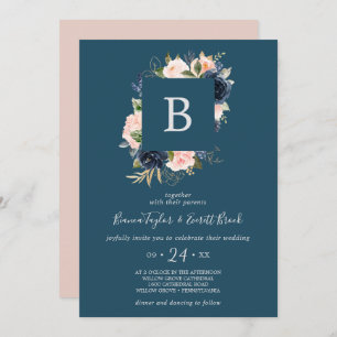 Invitation Flush et Navy Flowers   Mariage Monogramme bleu