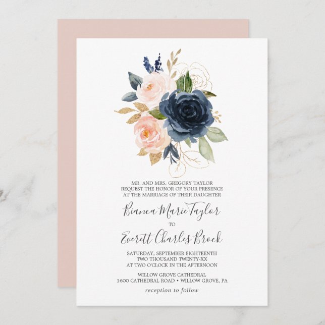 Invitation Flush et Navy Flowers | Mariage officiel blanc (Devant / Derrière)