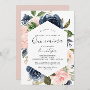 Invitation Flush et Navy Flowers   Quinceañera blanche