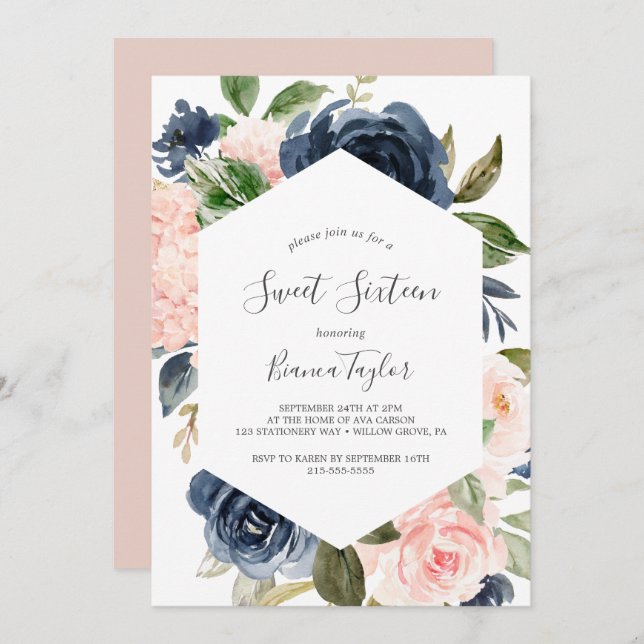 Invitation Flush et Navy Flowers | Sweet sixteen blanc (Devant / Derrière)