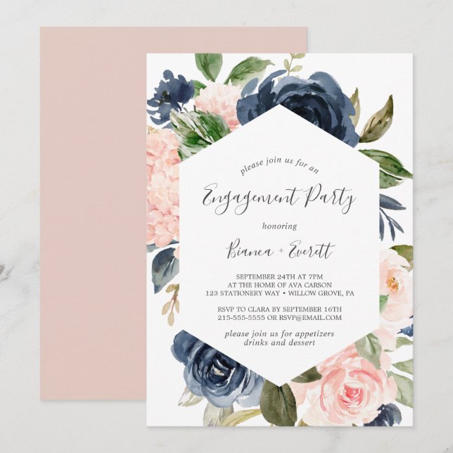 Invitation Flush et Navy Flowers | White Engagement Party (Devant / Derrière)