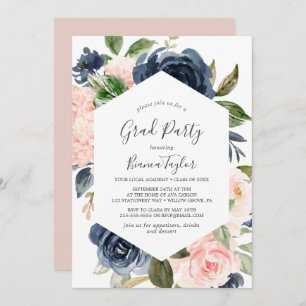 Invitation Flush et Navy Flowers   White Graduation Party