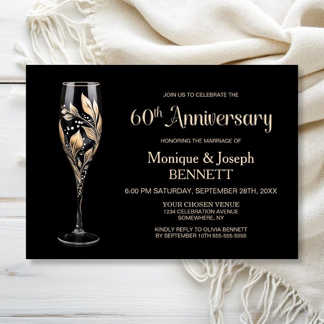 Invitation Flûte à Champagne Feuille d'Or 60e Anniversaire de (Créateur téléchargé)