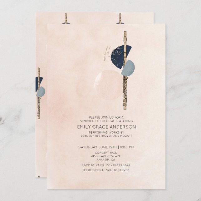 Invitation Flute Considérant Abstrait Blush Pink & Blue Gold (Devant / Derrière)