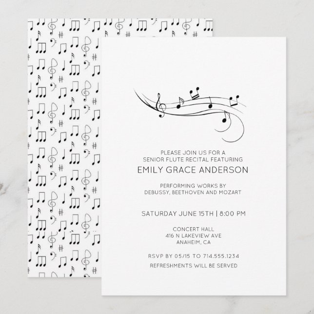 Invitation Flute Considérant Notes musicales Noir & Blanc (Devant / Derrière)