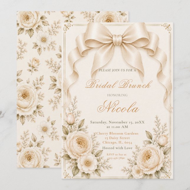 Invitation Flûte de Champagne Florale Coquette pour Brunch de (Devant / Derrière)