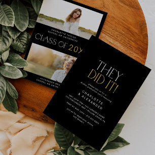 Invitation Flûte moderne Black Gold Photo Double Graduation