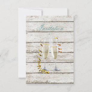 Invitation flûtes à champagne en bois blanchi de style campag