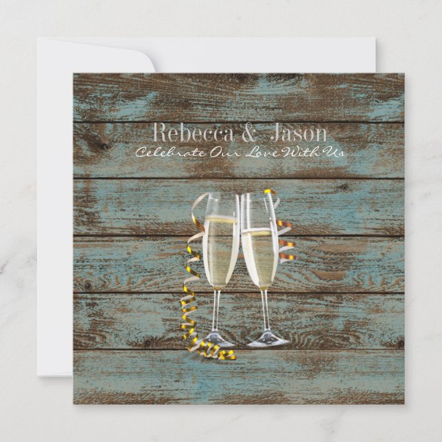 Invitation flûtes de champagne grange bleu rustique mariage (Devant)