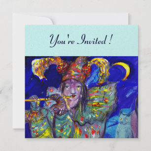 Invitation FLUTISTE EN BLEU, papier métallique or