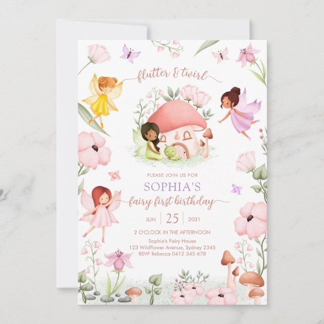 Invitation Flutter and Twirl Fairy First 1st Birthday (Devant)
