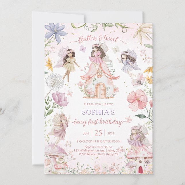 Invitation Flutter and Twirl Fairy First 1st Birthday (Devant)