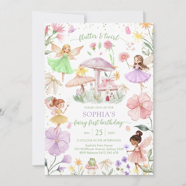 Invitation Flutter and Twirl Fairy First 1st Birthday (Devant)