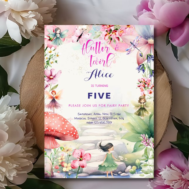 Invitation Flutter et tourbillon Fairy garden aquarelle anniv (Créateur téléchargé)
