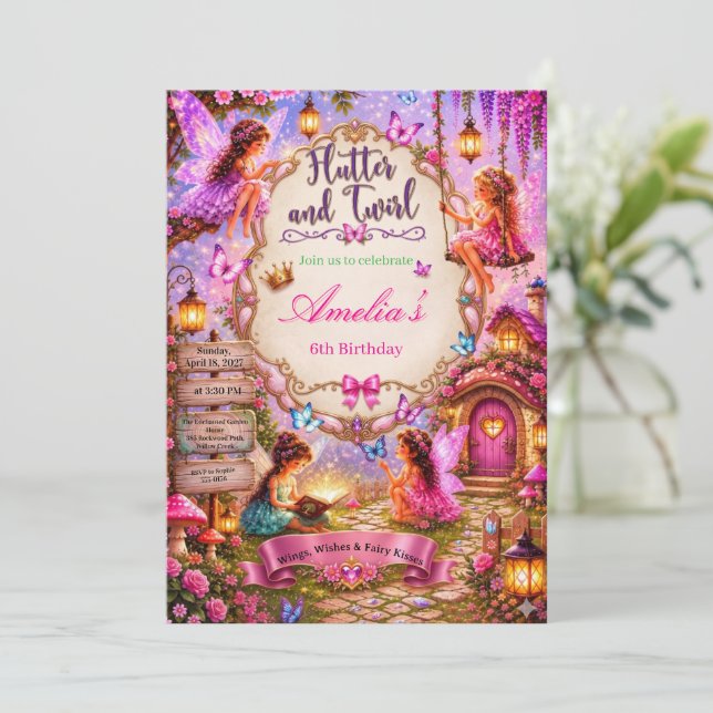 Invitation Flutter et Twirl Petite Fée Premier Anniversaire (Debout devant)