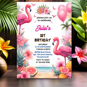 Invitation Fly Luau Pink Flamant rose Pool Party 1er annivers
