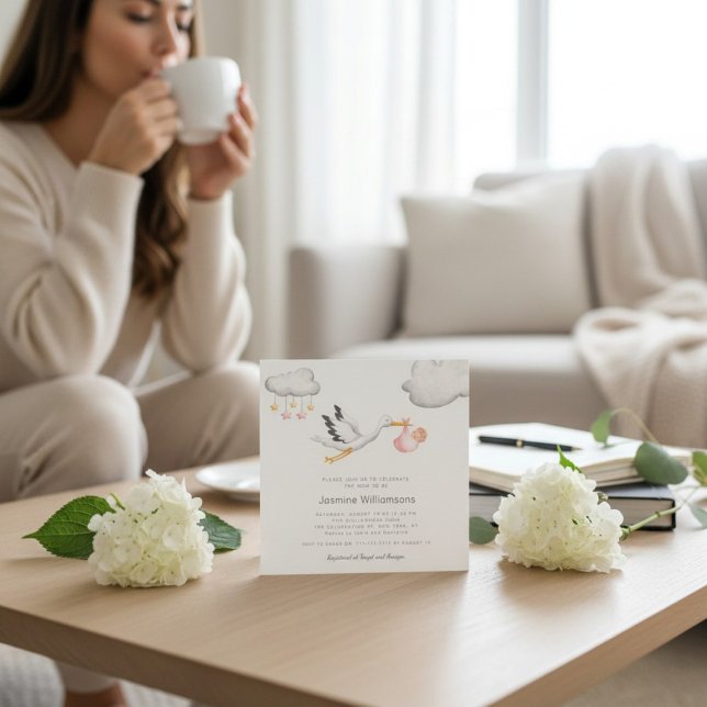 Invitation Flying Stork Clouds Stars Baby Shower (Créateur téléchargé)