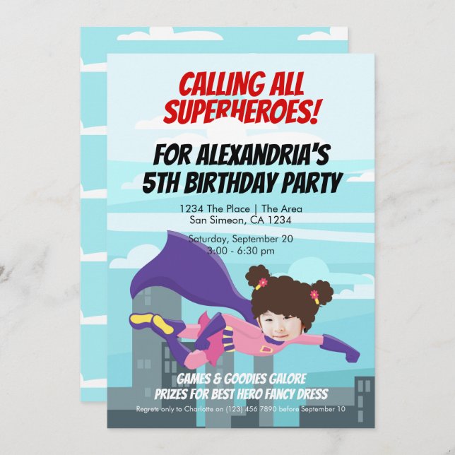 Invitation Flying Superhero Comic Birthday Party (Girl) (Devant / Derrière)