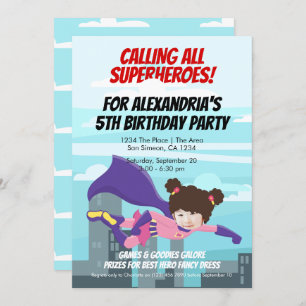 Invitation Flying Superhero Comic Birthday Party (Girl)