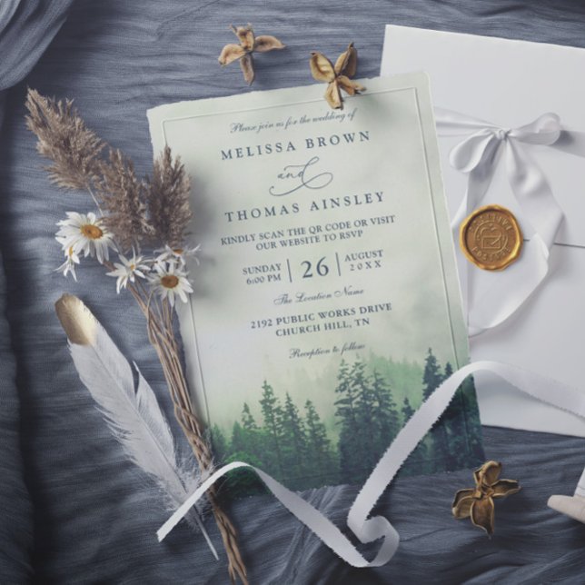 Invitation Foggy Green Mountain Pines Rustic QR Code Wedding (Créateur téléchargé)