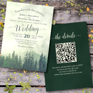 Invitation Foggy Green Mountain Pines Rustique Code QR Mariag