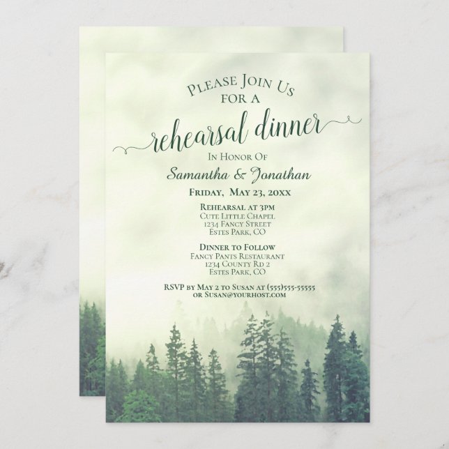 Invitation Foggy Pine Woods Green Mariage Répétition et dîner (Devant / Derrière)