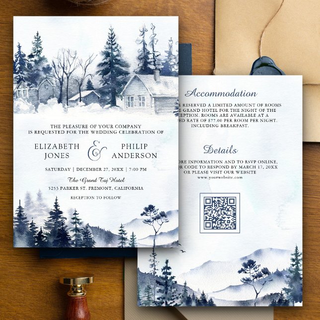 Invitation Foggy Winter Mountain Pine Forest Code QR Mariage (Créateur téléchargé)