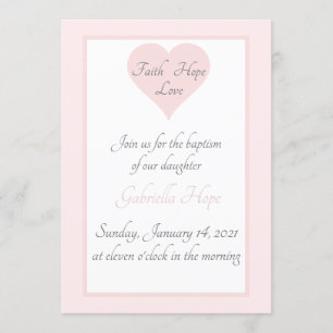 Invitation Foi Élégante Espoir Amour Coeur Rose Fille Baptême