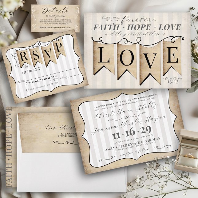 Invitation Foi rustique Espérance Amour Religieux Mariage chr (Rustic religious Christian banner Faith Hope & Love banner stripes classic wedding stationery suite)