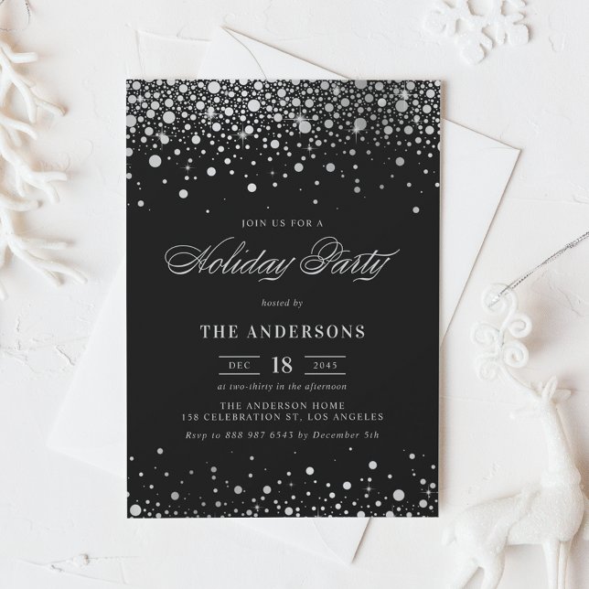 Invitation Foil argenté Confetti Black Holiday Party (Créateur téléchargé)