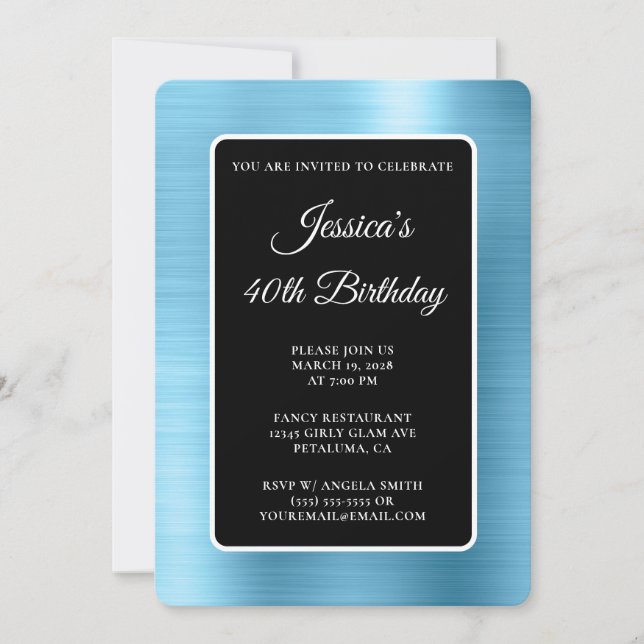 Invitation Foil bleu clair Noir et blanc 40e anniversaire (Devant)